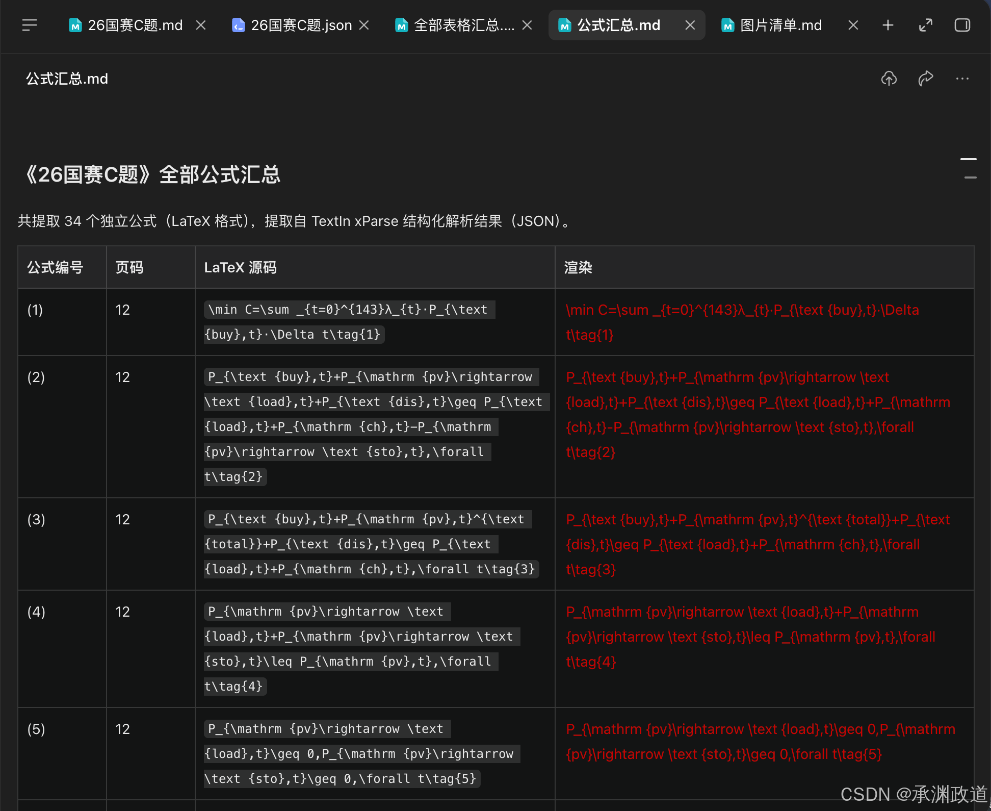 公式汇总：源码已提取，但右侧渲染栏仍显示红色源码