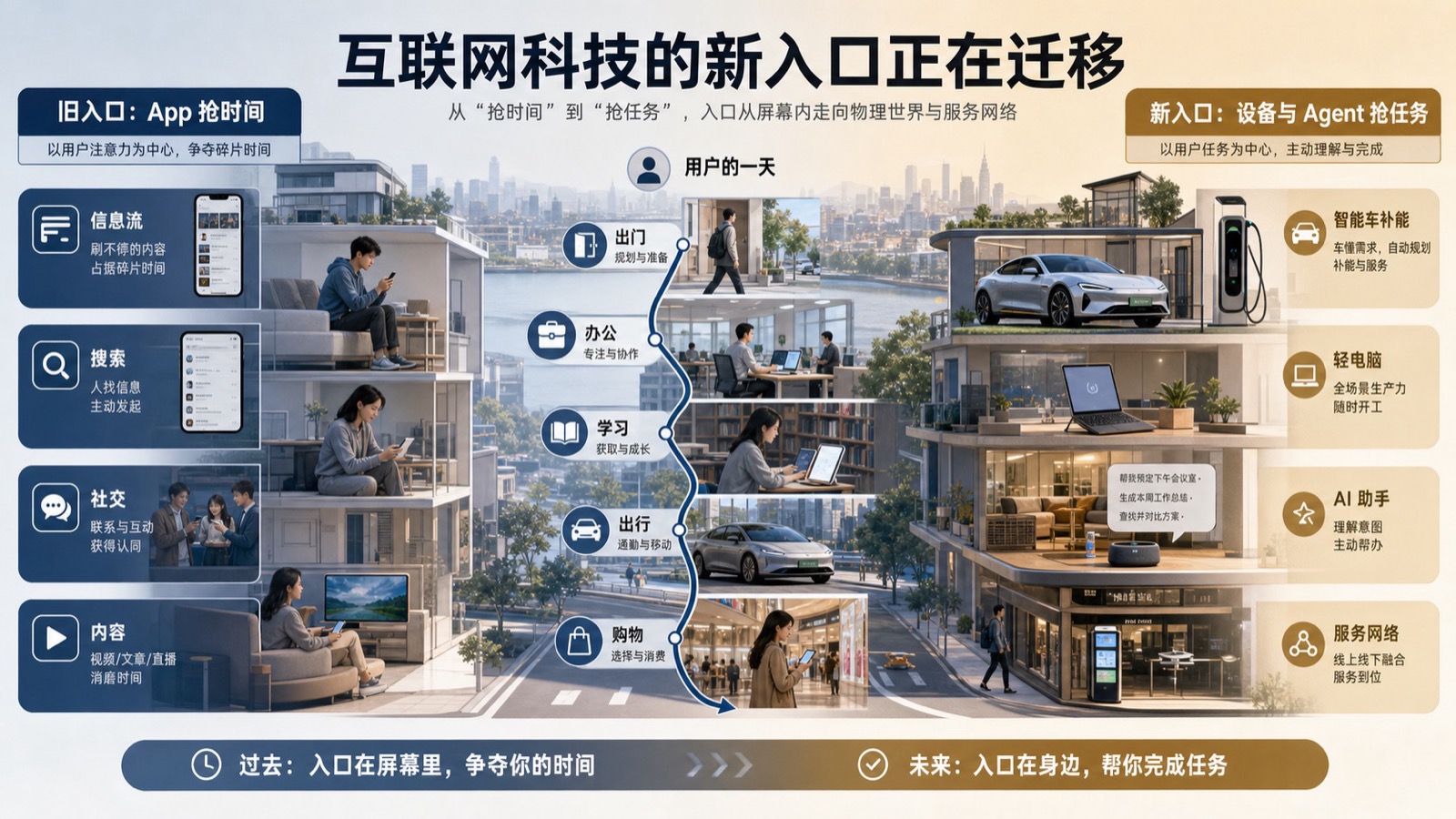 这张图把旧入口和新入口放到同一条用户日常路线里，差别在于一个争夺停留，一个帮人完成任务。