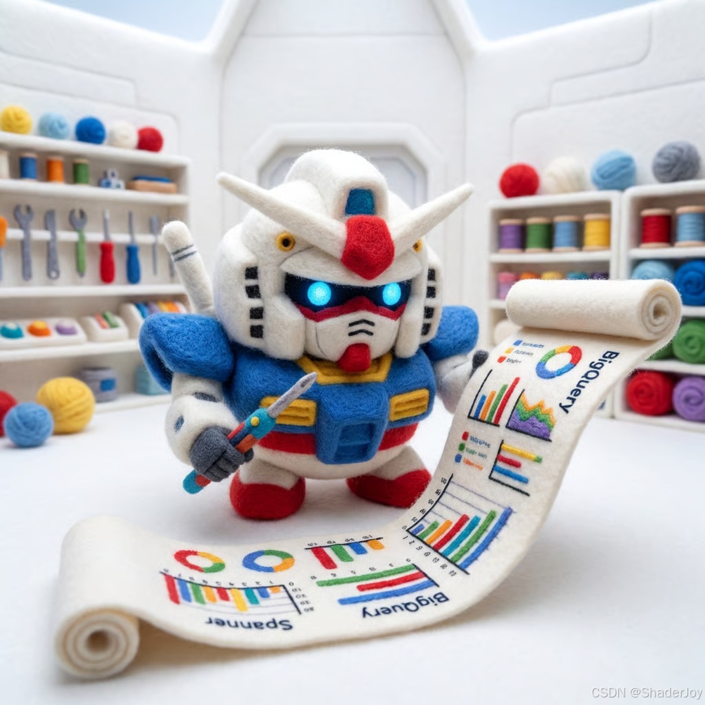 正在查阅代表 BigQuery 和 Spanner 的长长彩色毛毡卷轴