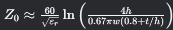 ( Z_0 \approx \frac{60}{\sqrt{\varepsilon_r}} \ln\left(\frac{4h}{0.67\pi w (0.8 + t/h)}\right) )