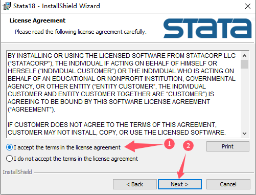 选择“I accept the terms in the license agreement”，然后点击“Next”