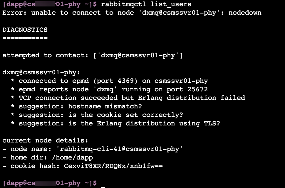 rabbitmqctl list_users 报错 nodedown, hostname mismatch, cooike, Erlang distribution Erlang 分布式