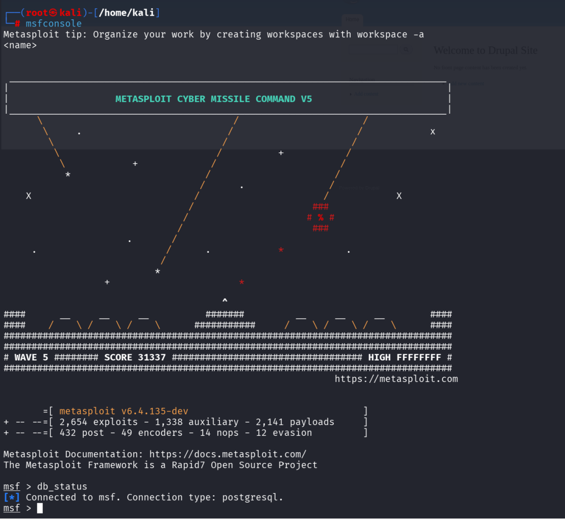 【配图：msfconsole 启动、db_status 状态截图】