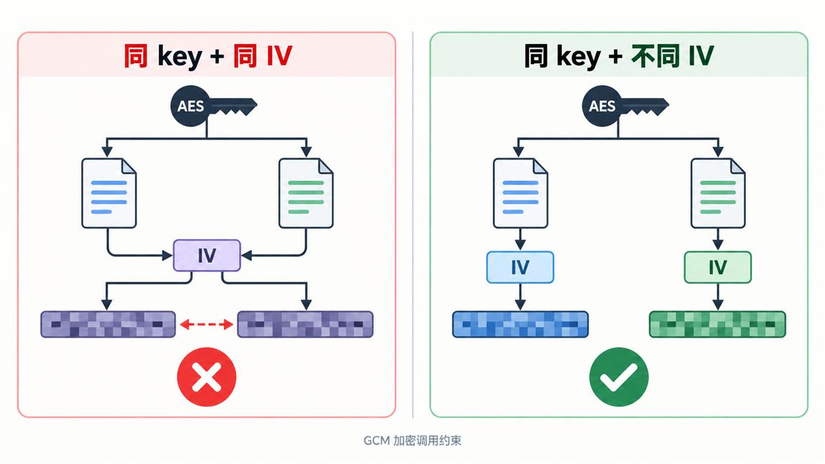 同一密钥下的 IV 复用与独立分配对比图