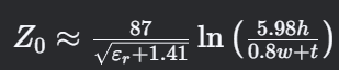 ( Z_0 \approx \frac{87}{\sqrt{\varepsilon_r +1.41}} \ln\left(\frac{5.98h}{0.8w + t}\right) )
