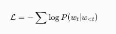 [
\mathcal{L} = -\sum \log P(w_t | w_{<t})
]