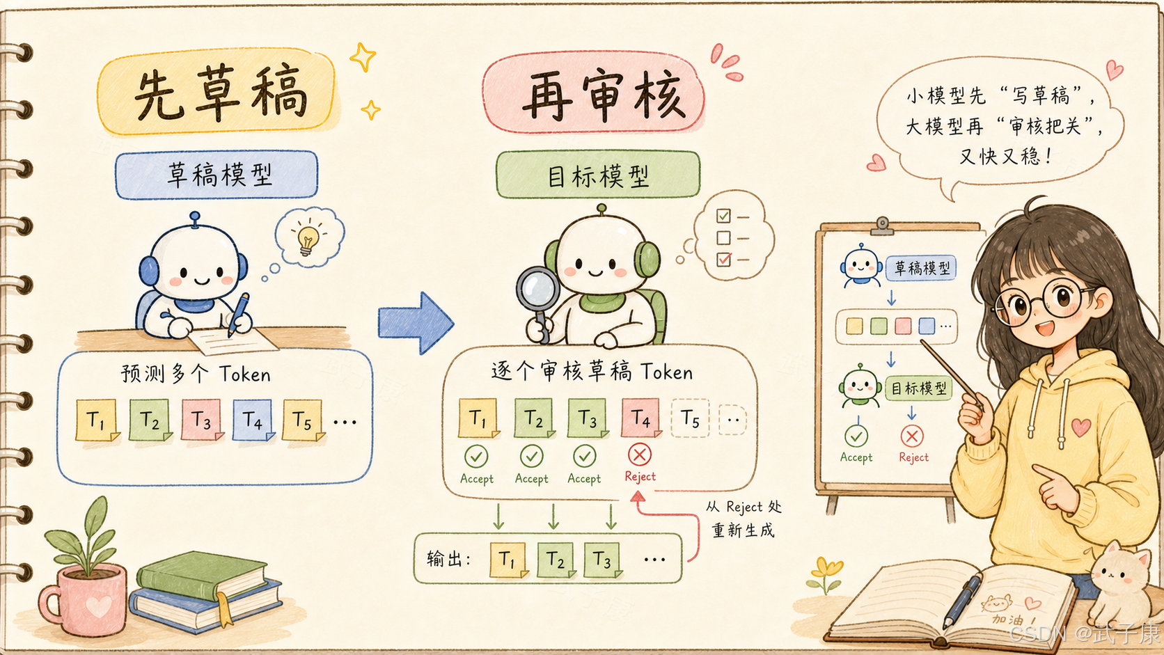 「先草稿 再审核」示意：左侧蓝色机器人（草稿模型）生成 T₁–T₆ 候选 token，中心绿色机器人（目标模型）用放大镜逐个验证：T₁–T₃ Accept、T₄ Reject、T₅ 及之后回退重生成；右侧清单 Draft Model → Target Model → Accept/Reject；工程师女孩旁白「小模型先写草稿，大模型再审核把关，又快又稳」