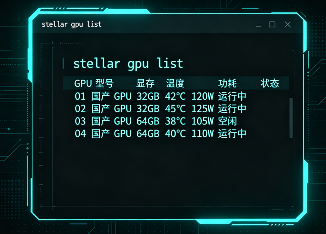 📸【配图文案】终端窗口中显示 stellar gpu list 命令的输出，蓝绿色的代码字符在黑色背景上流动，国产 GPU 型号和状态一目了然，科技感十足