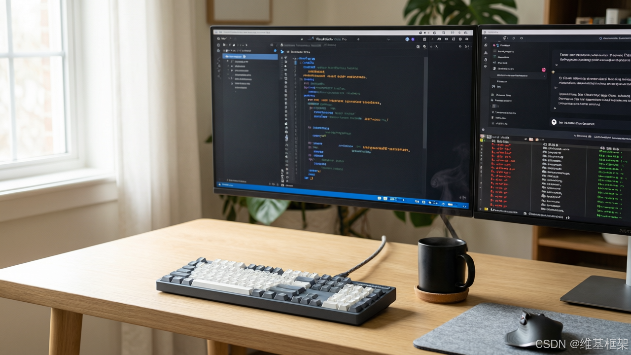 软件开发工作区，多台显示器显示 VS Code 编辑器界面，屏幕上可见 AI 助理生成的代码差异对比和聊天窗口，现代极简办公室环境，自然光透过百叶窗，程序员工作台的日常场景，暖色调，纪实摄影风格