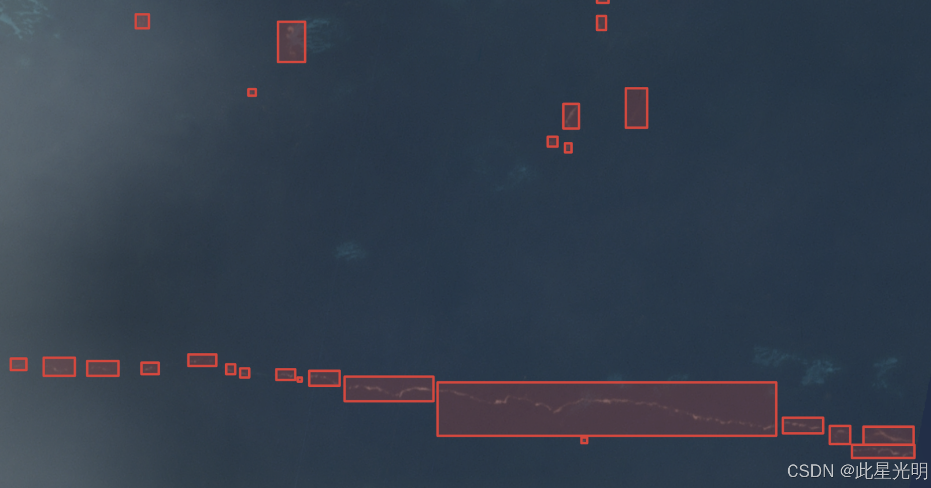 一张标注了海洋塑料污染的 Planet Labs 图像