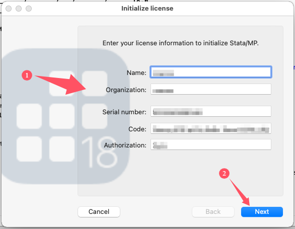 输入用户名、组织、序列号、代码、激活码等，然后点击“Next”