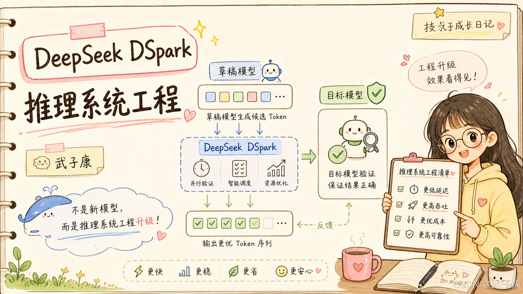 DeepSeek DSpark：手绘风格信息图，主标题「推理系统工程」，核心流程「草稿模型→DeepSeek DSpark（并行验证 / 智能调度 / 资源优化）→输出更优 Token 序列→目标模型」，右下角工程师女孩举着「推理系统工程清单」：更低延迟、更高吞吐、更优成本、更高可靠性；底部标签：更快 / 更稳 / 更省 / 更安心；CSDN @武子康