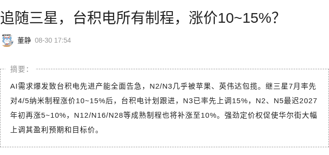 追随三星，传台积电全面涨价 10% 至 15%