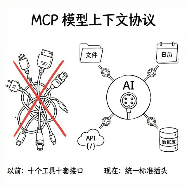 MCP 统一接口：AI 通过标准协议连接日历、数据库、文件和 API