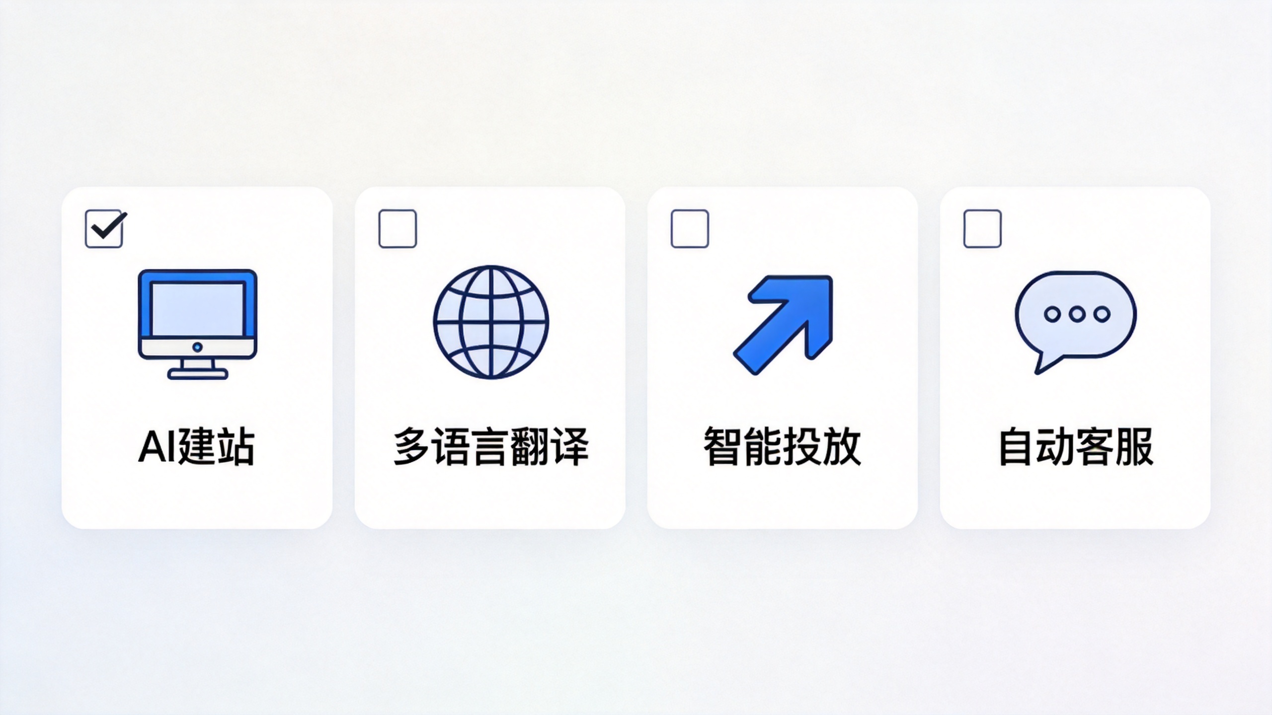 独立站效率清单插画:AI建站、多语言翻译、智能投放、自动客服,勾选框,简洁商务