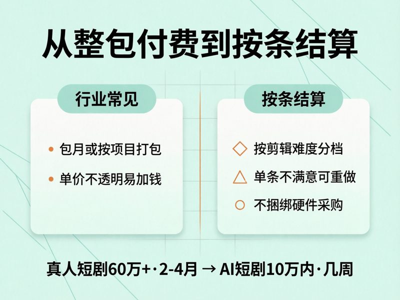 按条结算把单条试错成本压到最低；六环节流水线交付缩短从需求到成片的路径。