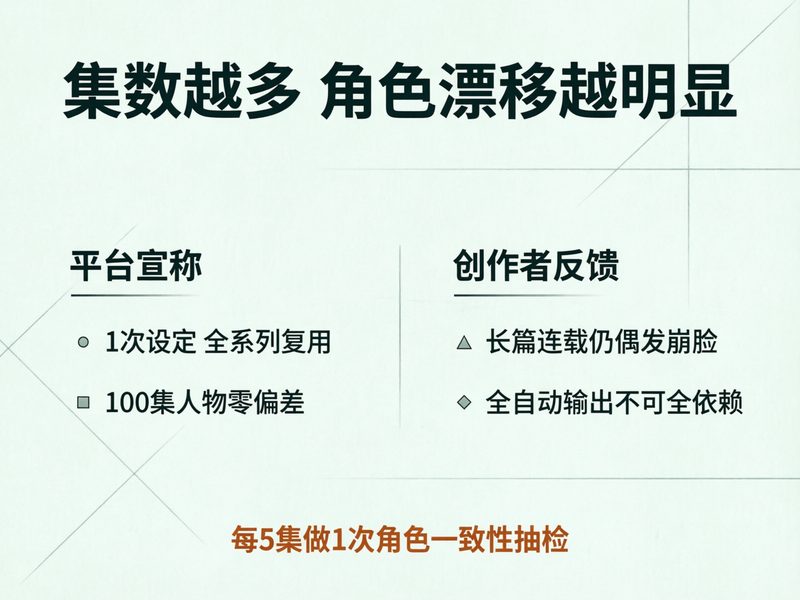 每5集抽检角色一致性是实操底线,全流程一站式中哪几步AI真做、哪几步还得人手动补,需要逐个拆开看。