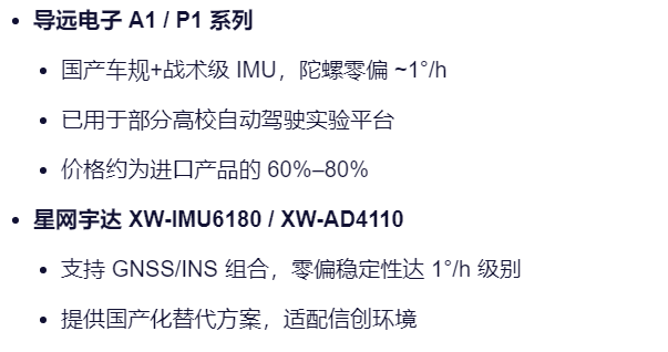 导远电子 A1 / P1 系列
国产车规+战术级 IMU，陀螺零偏 ~1°/h
已用于部分高校自动驾驶实验平台
价格约为进口产品的 60%–80%
星网宇达 XW-IMU6180 / XW-AD4110
支持 GNSS/INS 组合，零偏稳定性达 1°/h 级别