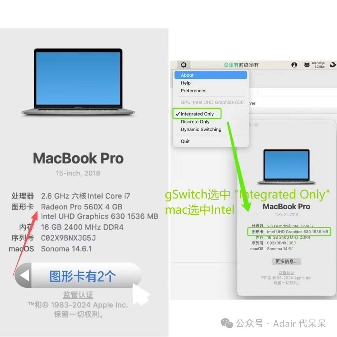 左侧图片：MacBookPro15,1（2018/2019 款 15 英寸）的显卡有2个，右侧图片：在使用gSwitch选中Integrated Only以后，只先说Intel 不再显示GPU