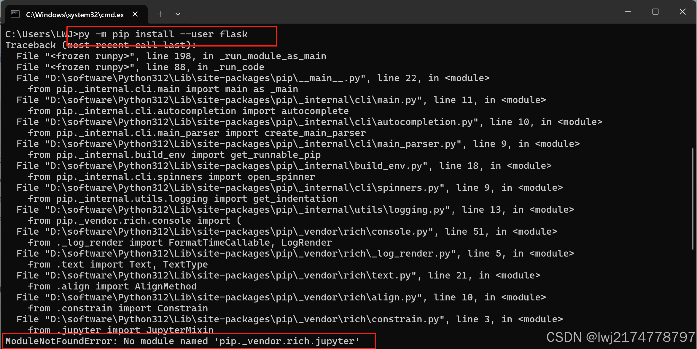 pip安装flask报错ModuleNotFoundError: No module named ‘pip._vendor.rich ...