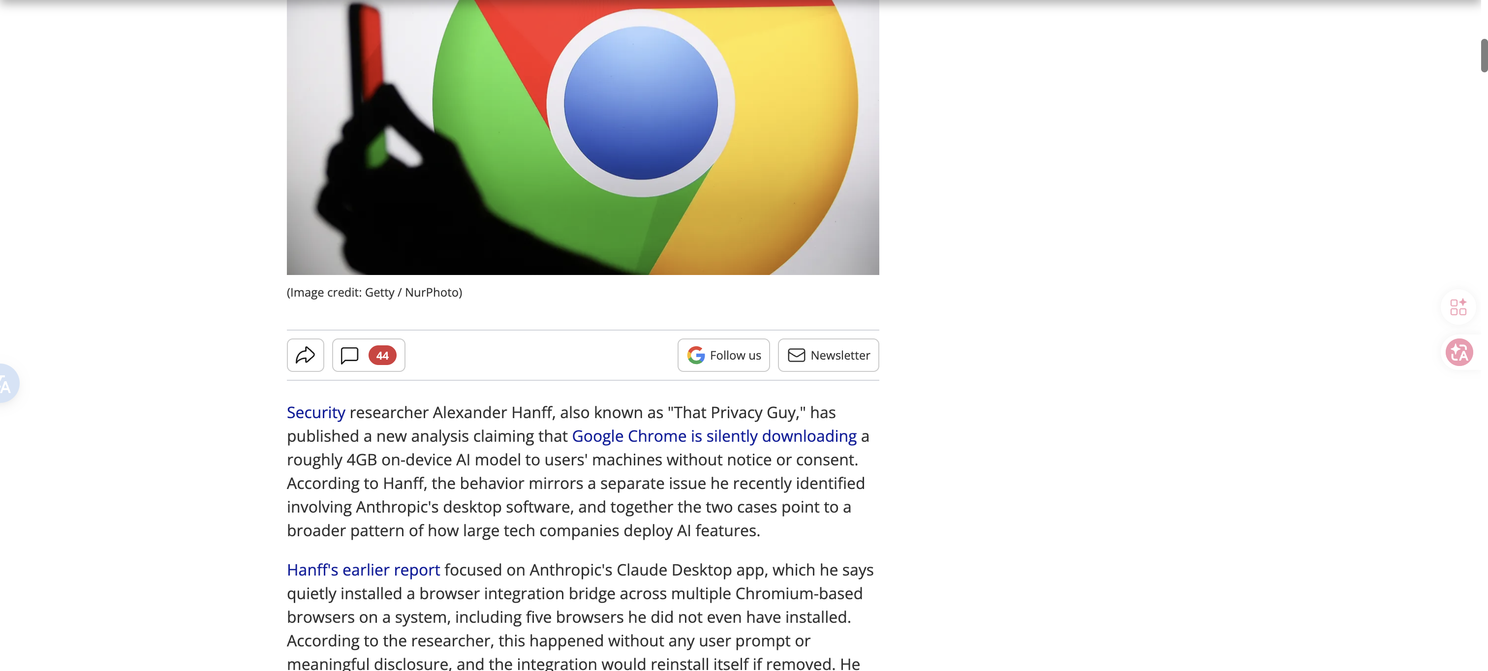 Tom's Hardware 报道截图:Chrome 静默下载 4GB AI 模型|539