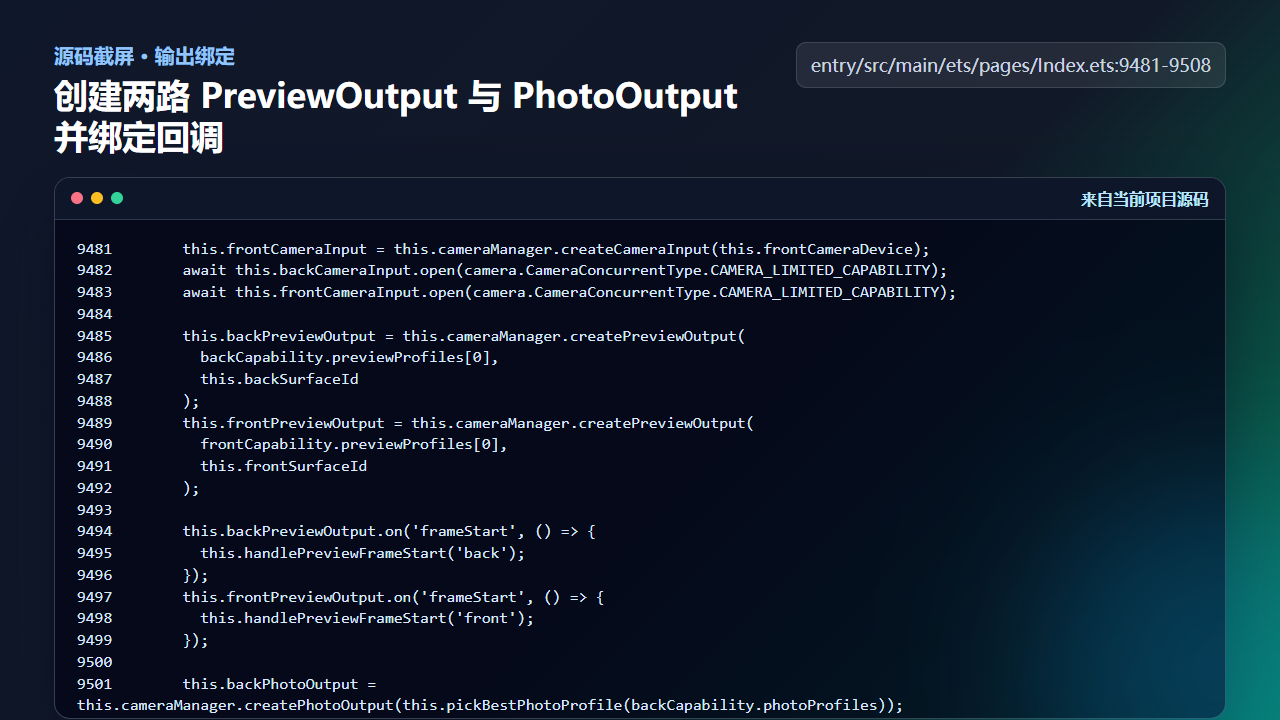 图3 双摄预览中创建两路 PreviewOutput 与 PhotoOutput