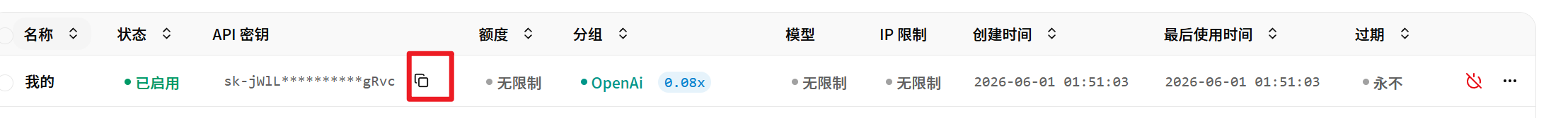 复制 API Key