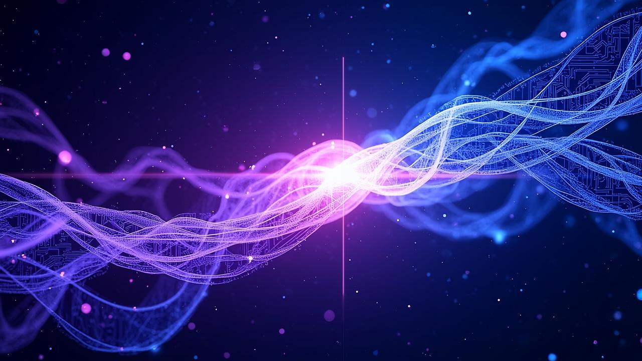 A luminous abstract network of flowing purple and 