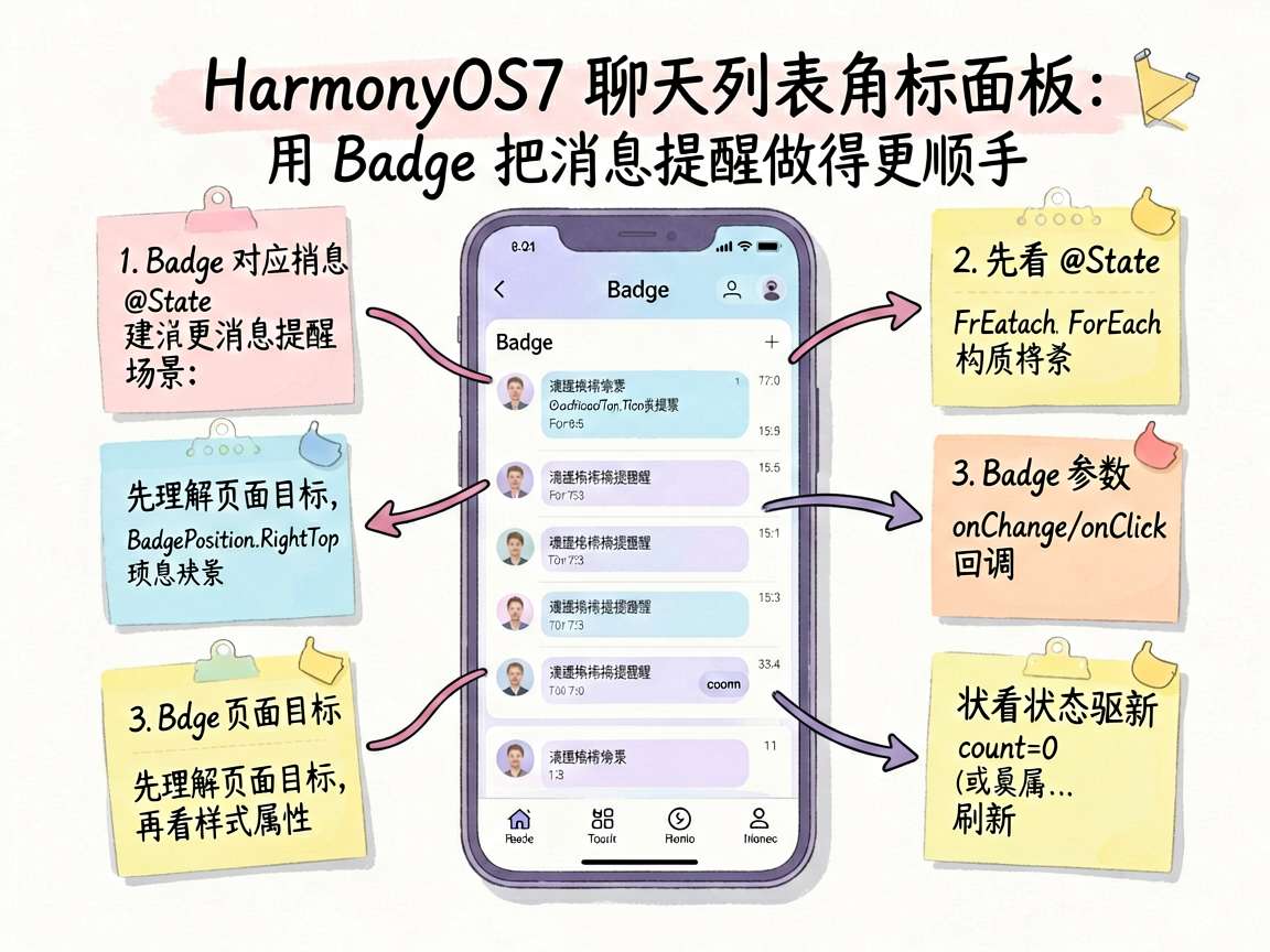 一张手绘笔记风格的信息图,主题是“HarmonyOS7 聊天列表角标面板:用 Badge 把消息提醒