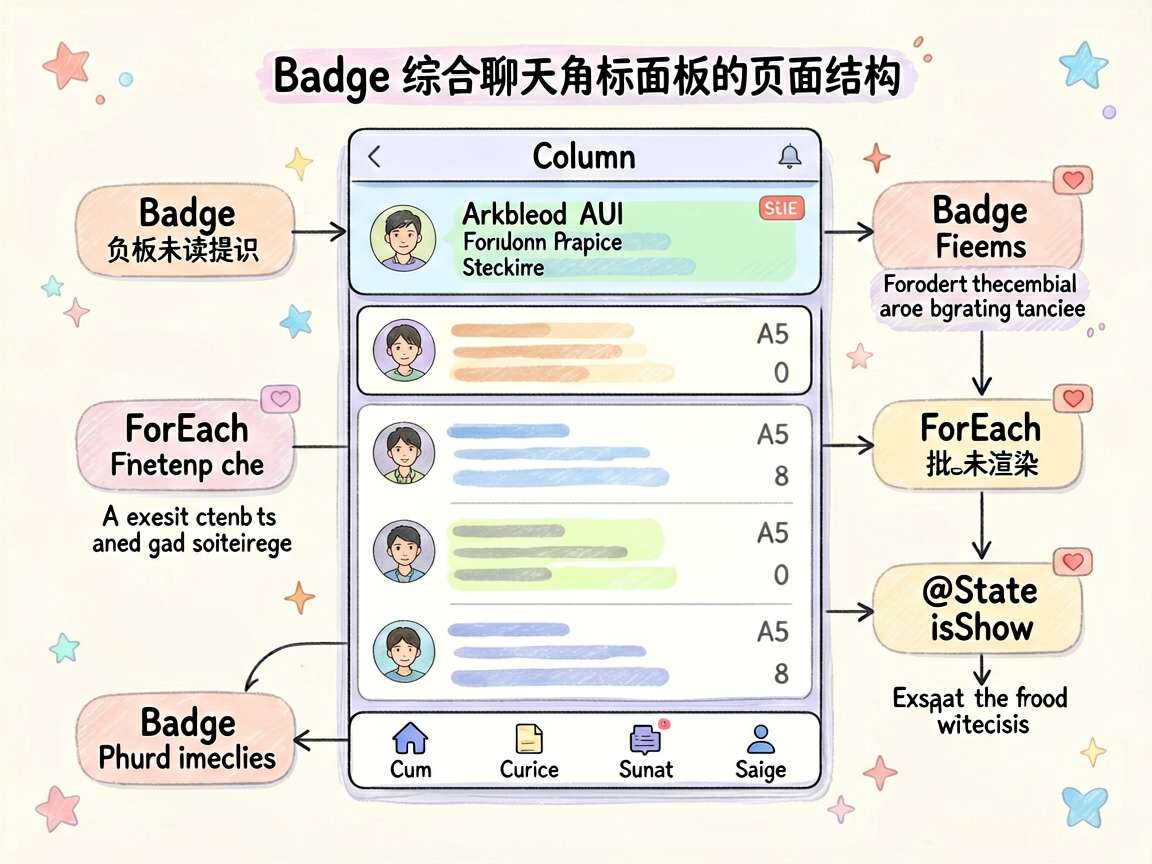 一张手绘框架图风格配图,主题是“Badge 综合聊天角标面板的页面结构”。用分层框架展示 ArkUI