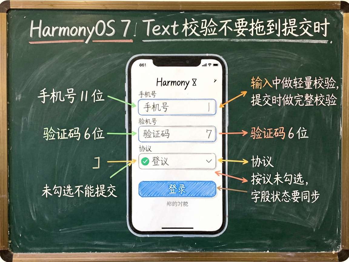 一张手绘笔记风的教程信息图,主题是 HarmonyOS 7 的 TextInput 表单校验不要拖到