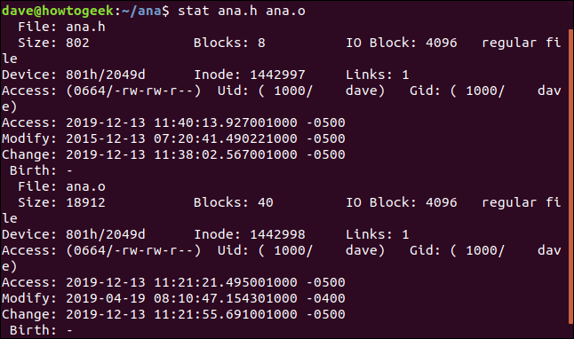 stat ana.h ana.o in a terminal window