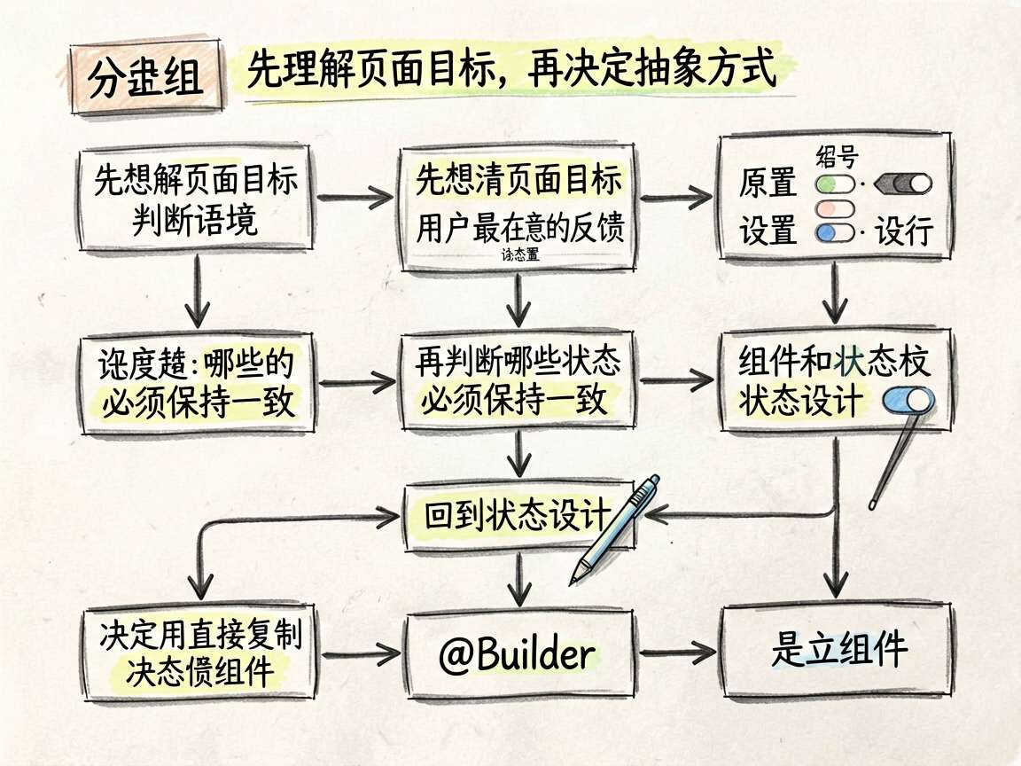 一张 sketch-notes 风格的流程图，表现写页面前的判断过程：先想清楚页面目标和用户最在意的