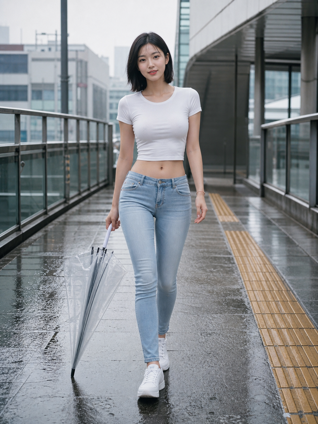 春雨连廊中的浅蓝低腰紧身牛仔裤成年时装