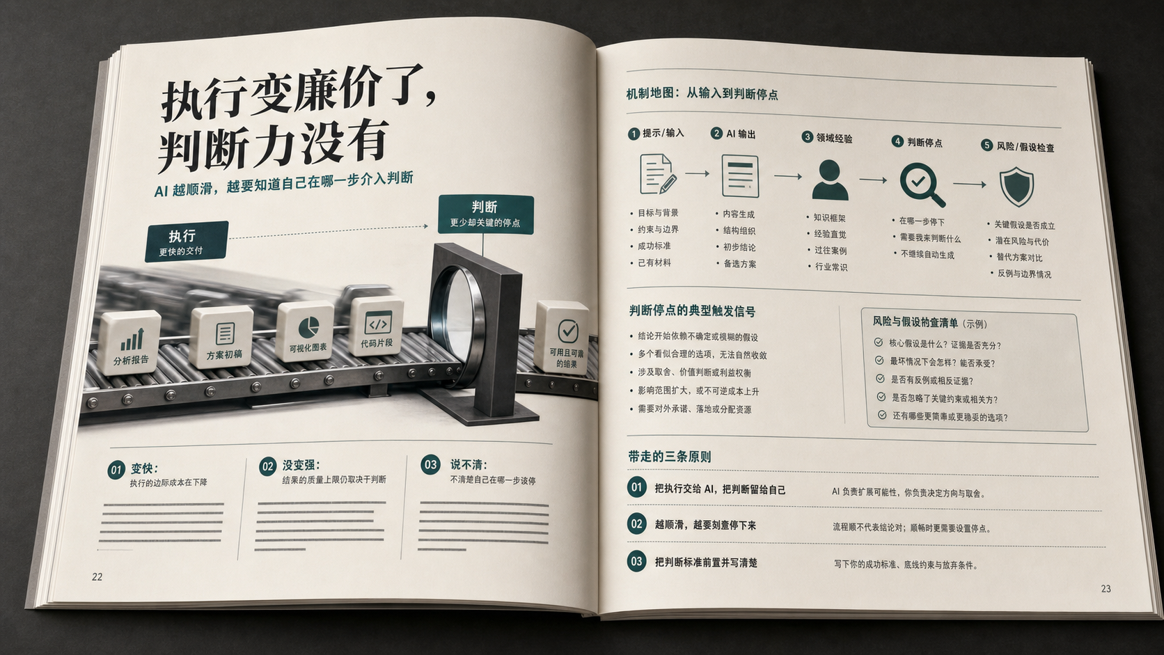 打开的杂志展示执行速度与判断力的分工