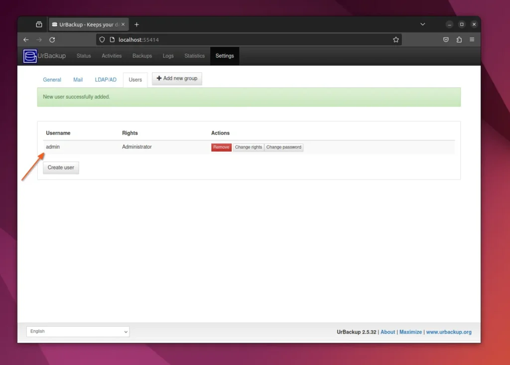 new admin user created