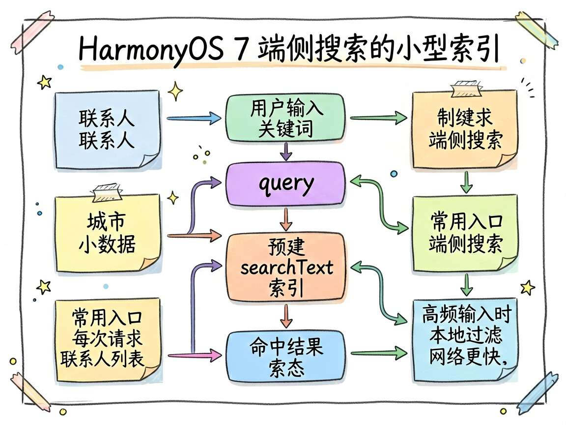 一张适合文章开头的手绘笔记风框架图,主题是 HarmonyOS 7 端侧搜索的小型索引。画面中心是一