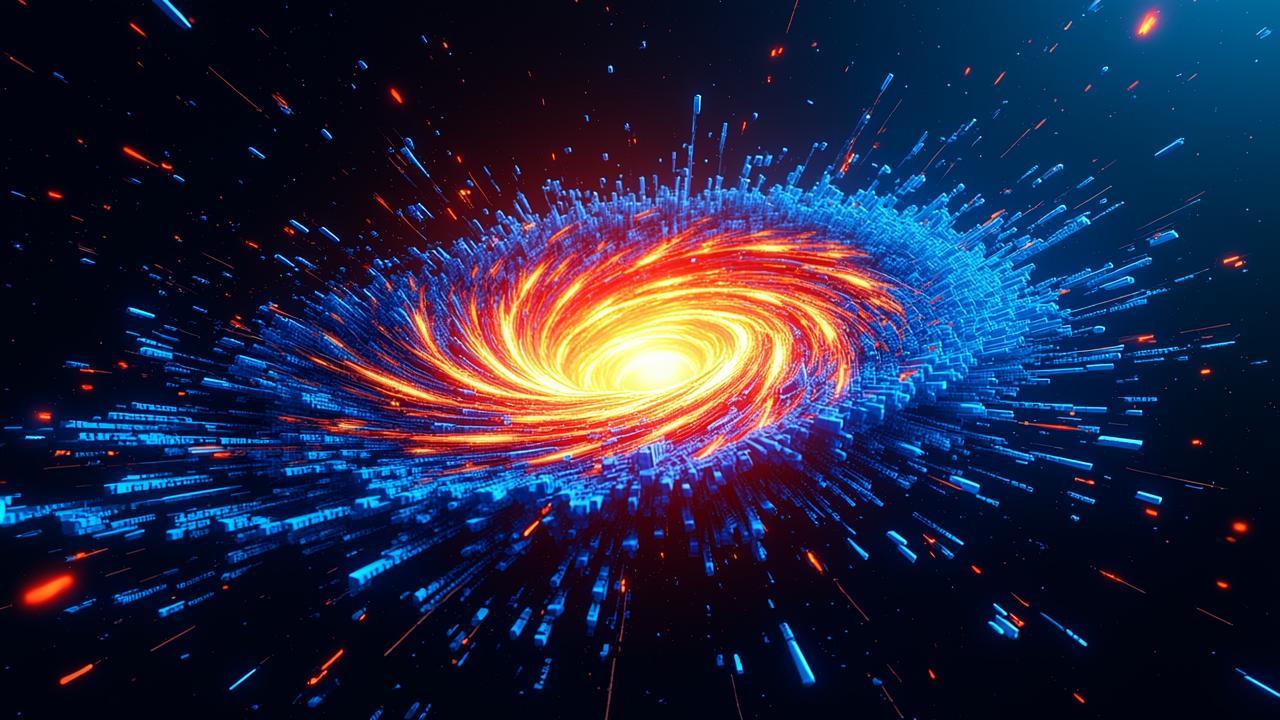 Abstract digital chaos: shattered blue code fragme