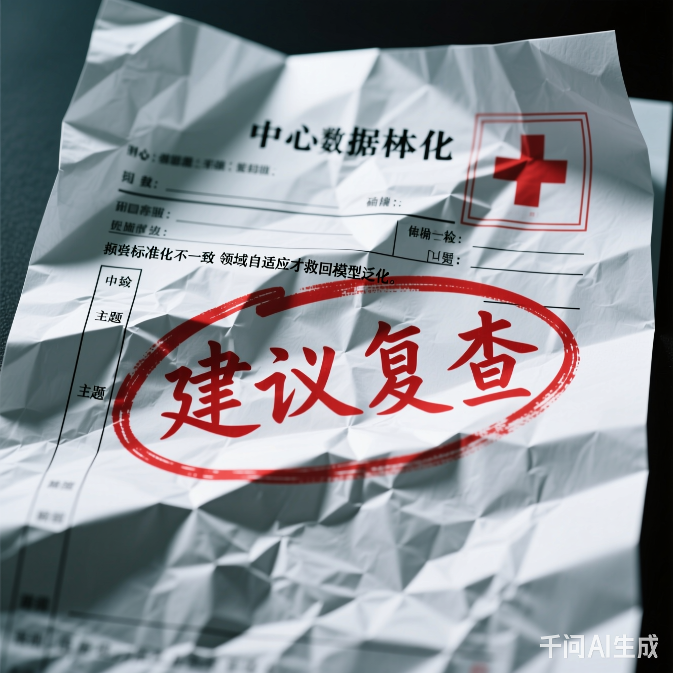 一张皱巴巴的体检报告，上面用红笔圈着"建议复查"的字样