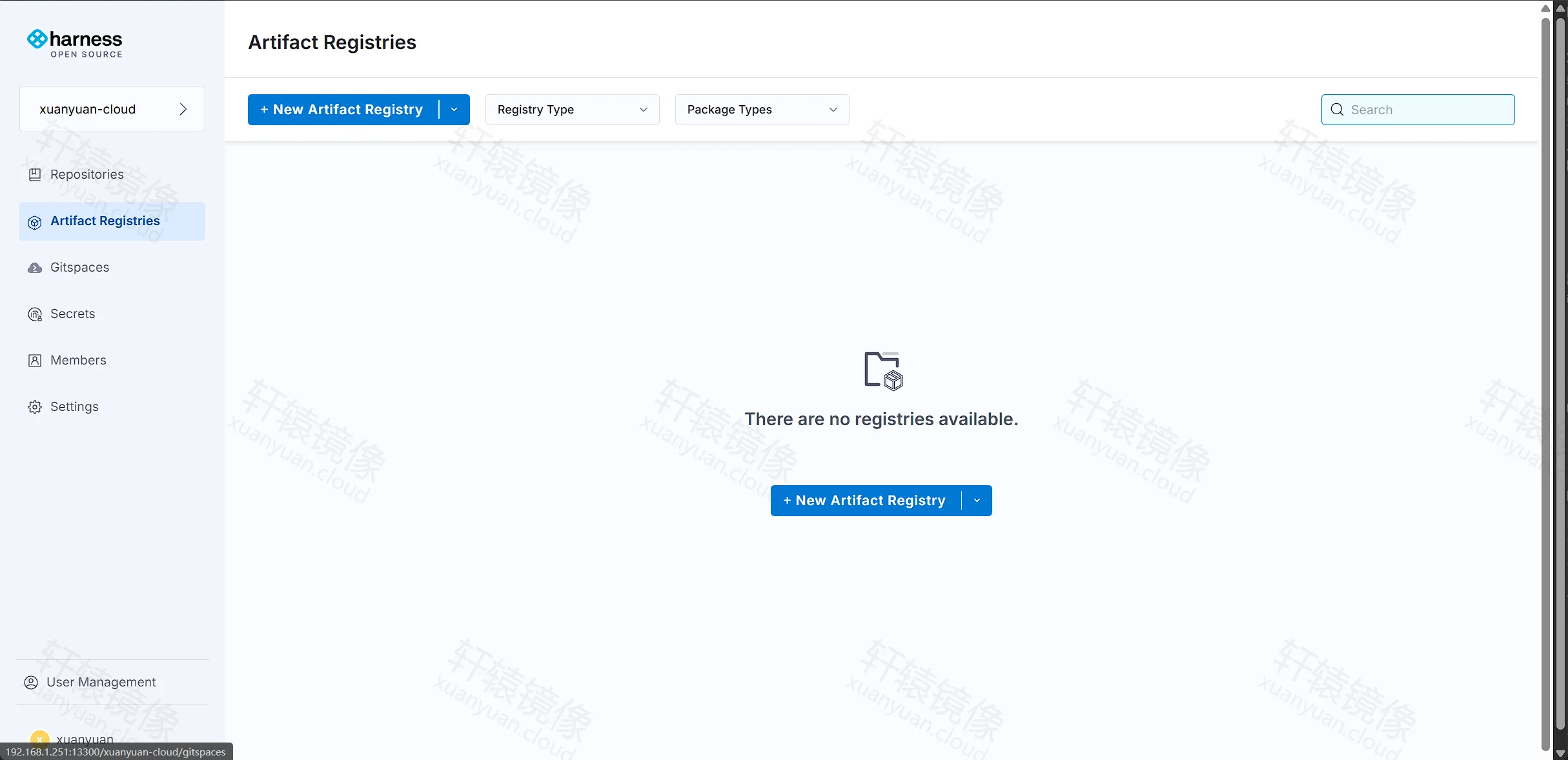Harness Open Source Artifact Registries 空状态：+ New Artifact Registry
