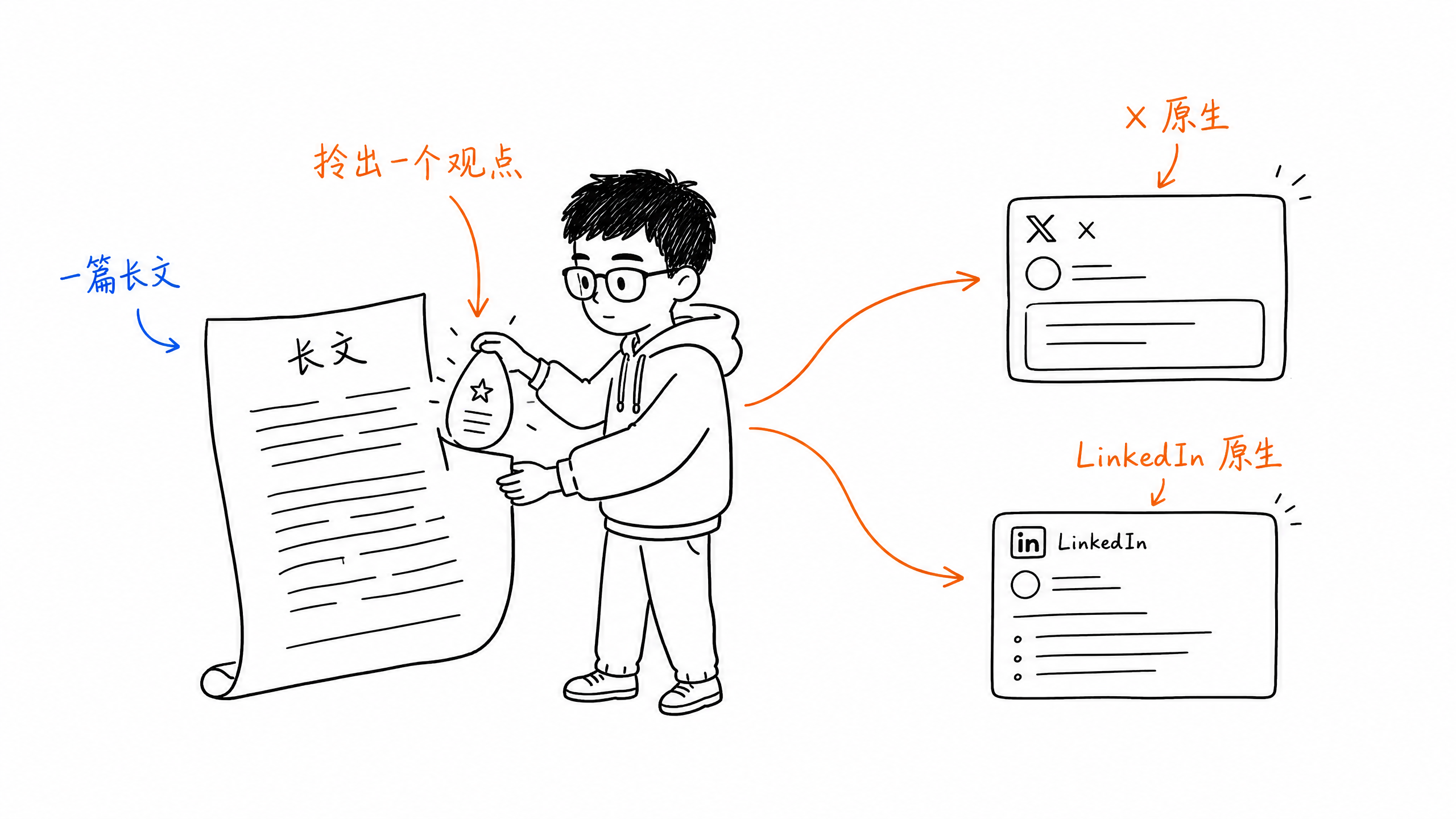 图 01:一篇长文,拎出一个最值得传播的观点,再改写成 X 和 LinkedIn 的原生内容。