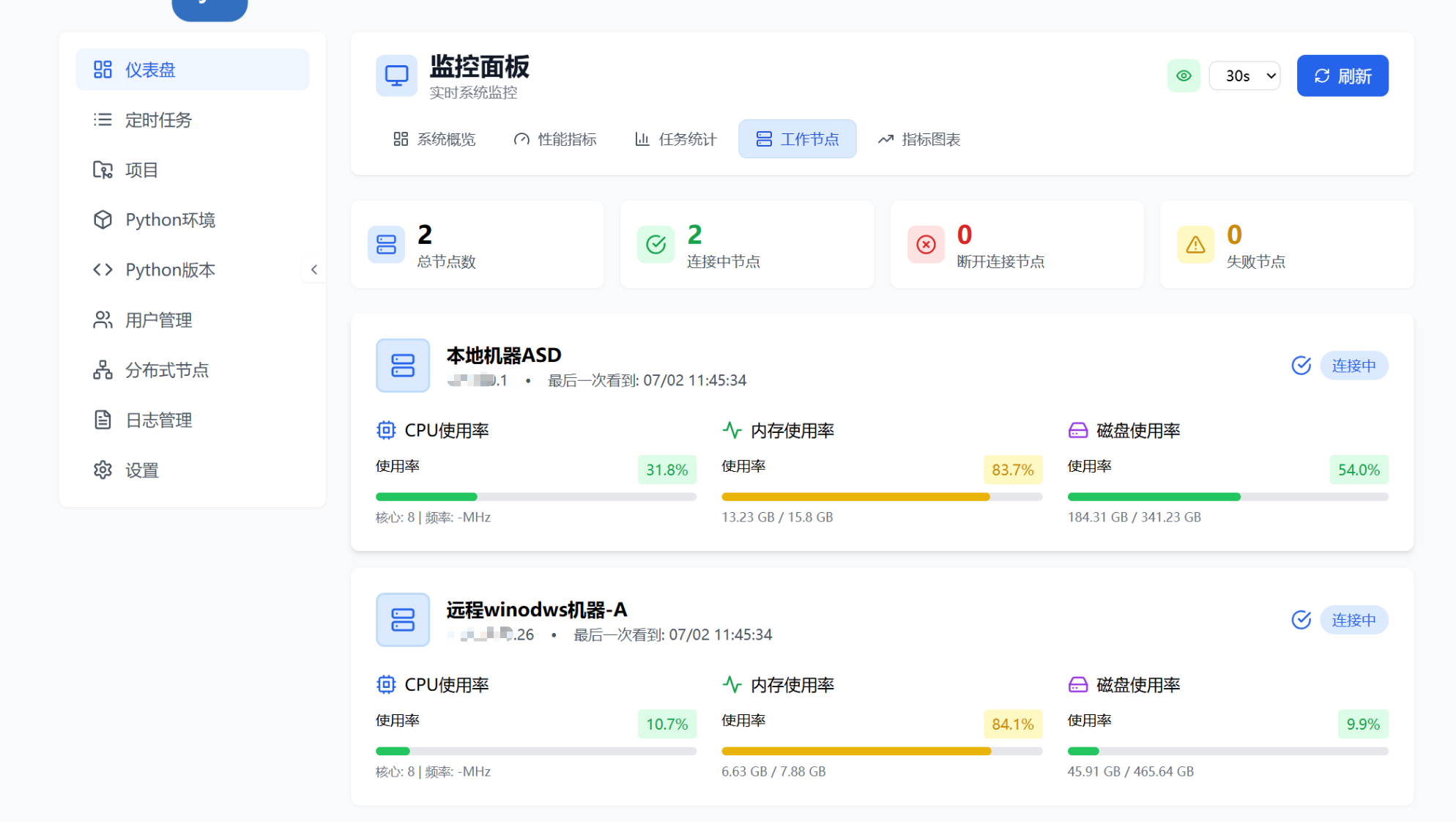 专业版仪表盘-工作节点界面