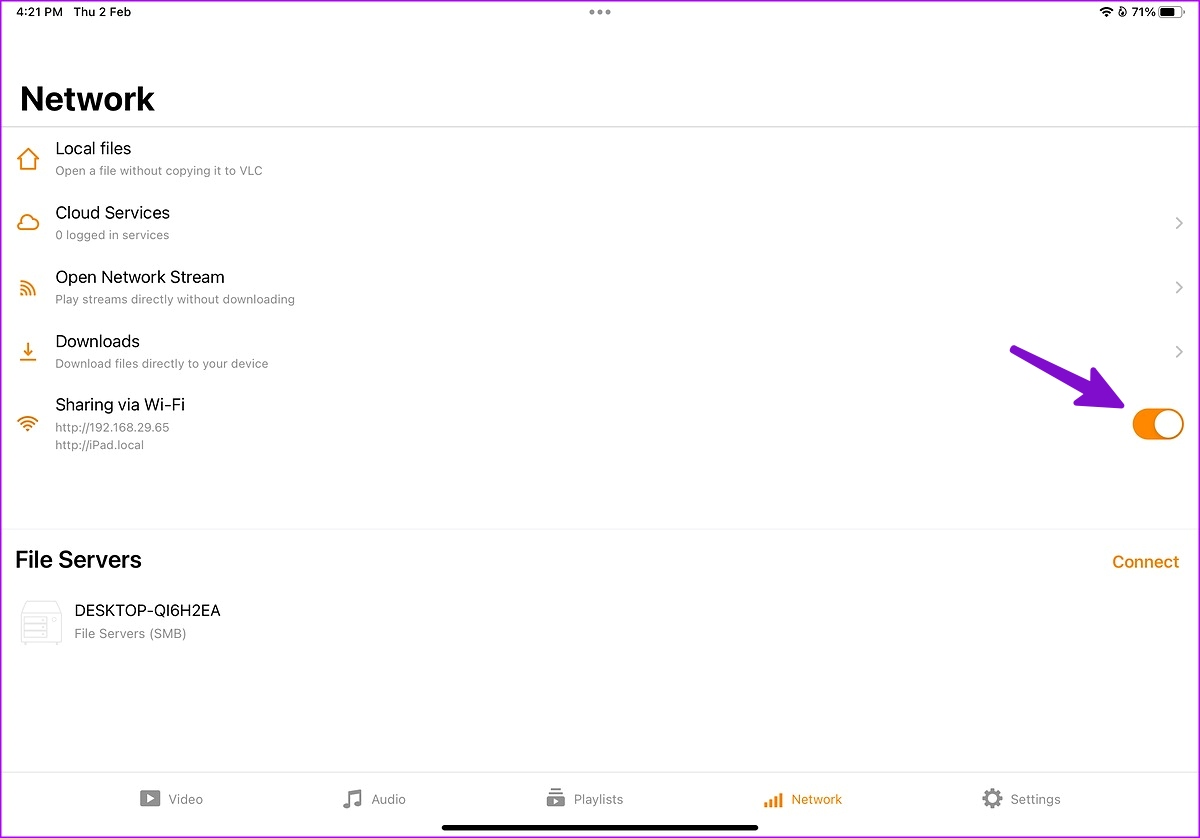 enable Wi-Fi sharing in VLC for iPad
