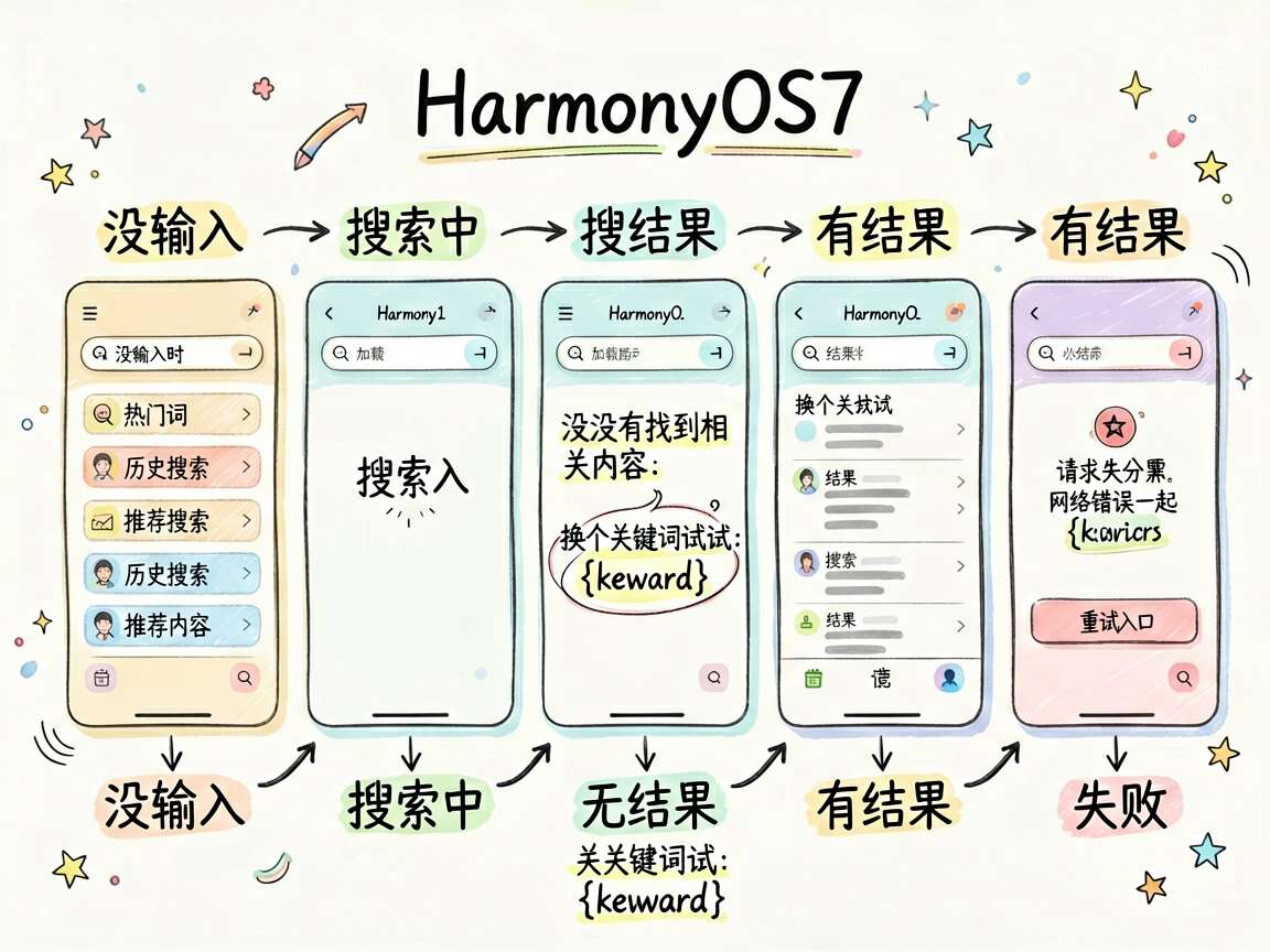 一张适合技术文章的手绘笔记风对比插图，主题是 HarmonyOS7 的 Search 搜索页状态区分