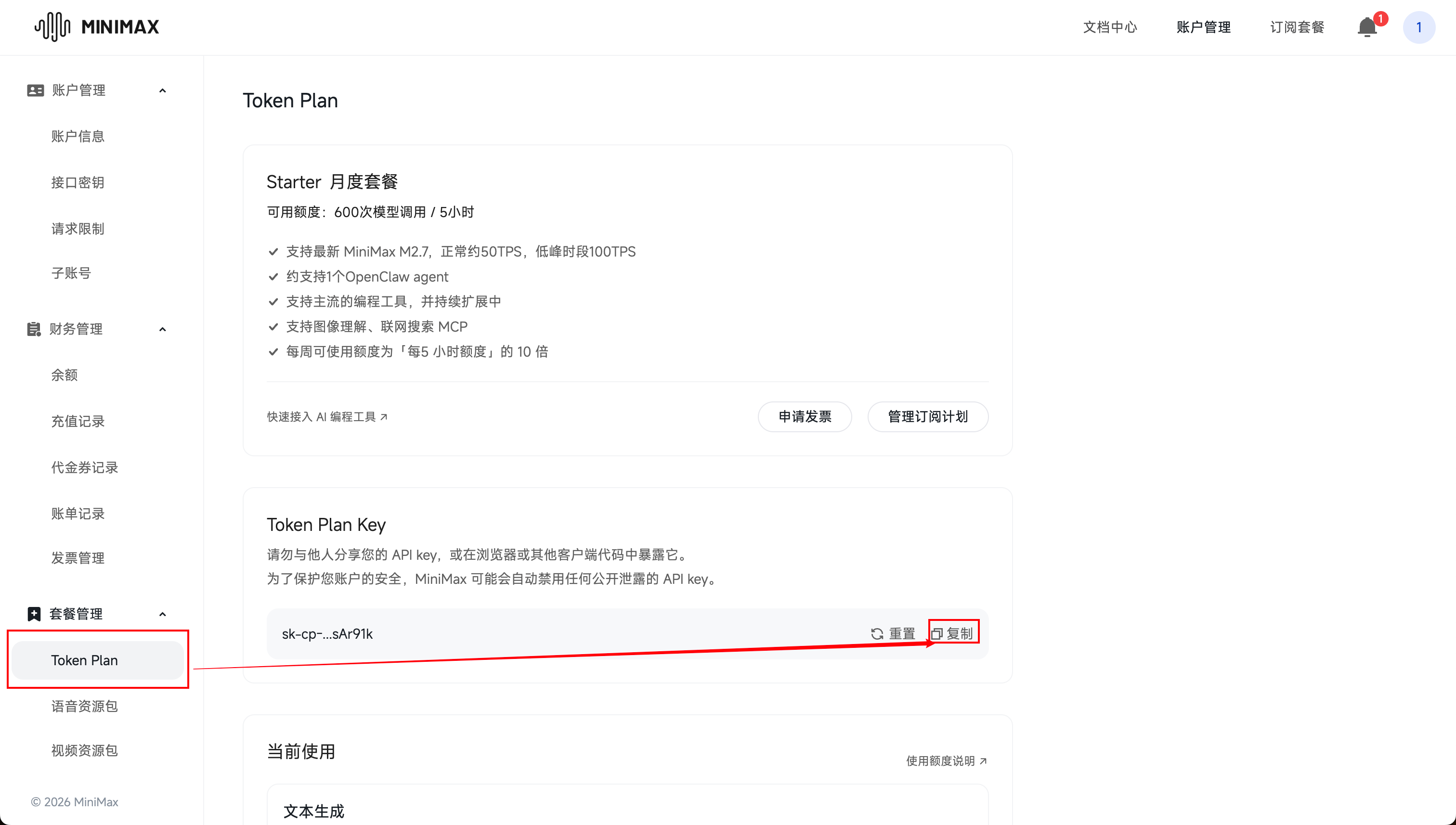 在 MiniMax Token Plan 页面复制 API Key