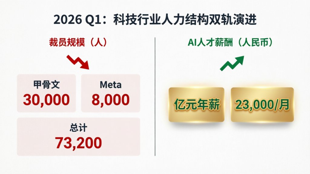 信息图：2026 年 Q1 全球科技裁员 73,200 人与 AI 人才薪资 2.3 万/月对比