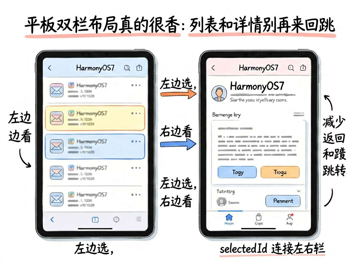 为一篇讲解 HarmonyOS7 平板双栏布局的文章绘制一张手绘笔记风信息图。主题是“平板双栏布局真