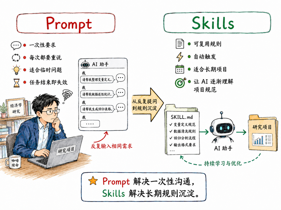 Prompt 适合一次性沟通，Skills 适合沉淀长期项目规范