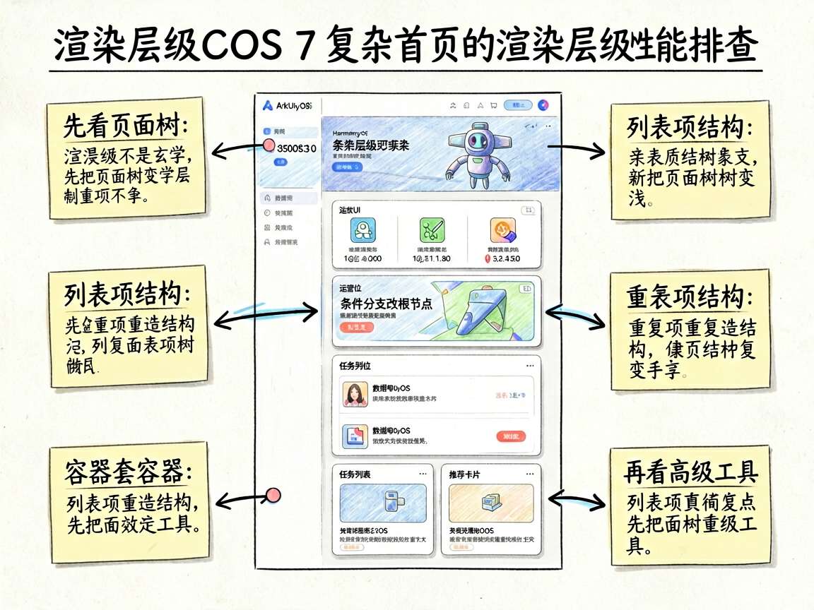 一张适合技术文章的手绘笔记风信息图，主题是 HarmonyOS 7 复杂首页的渲染层级性能排查。画面