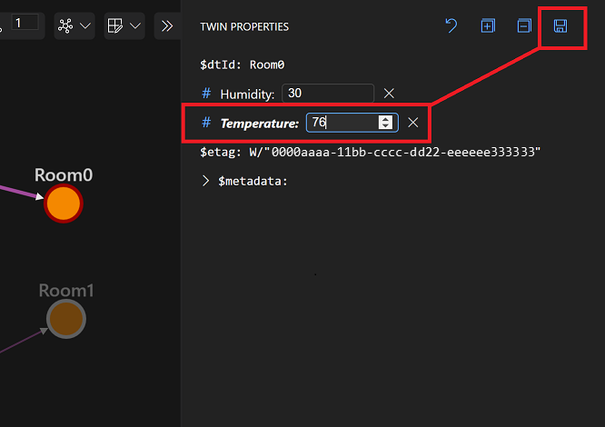 Azure Digital Twins Explorer 的屏幕截图,其中突出显示“孪生体属性”面板上有可为 Room0 编辑的属性。